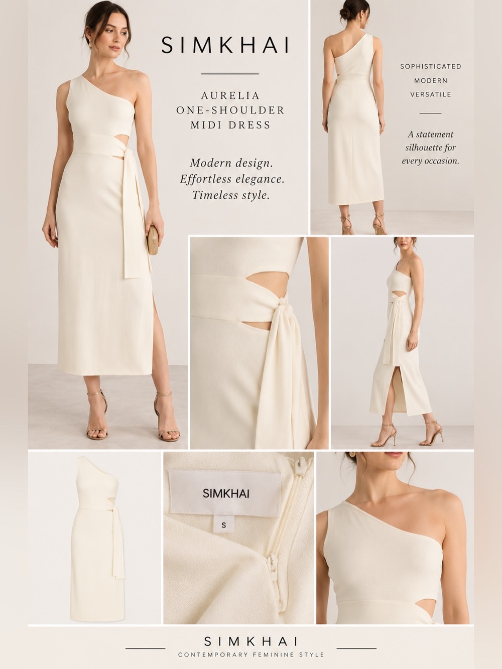 SIMKHAI Aurelia Ivory One-Shoulder Cutout Midi Dress NWOT DS3/DM2